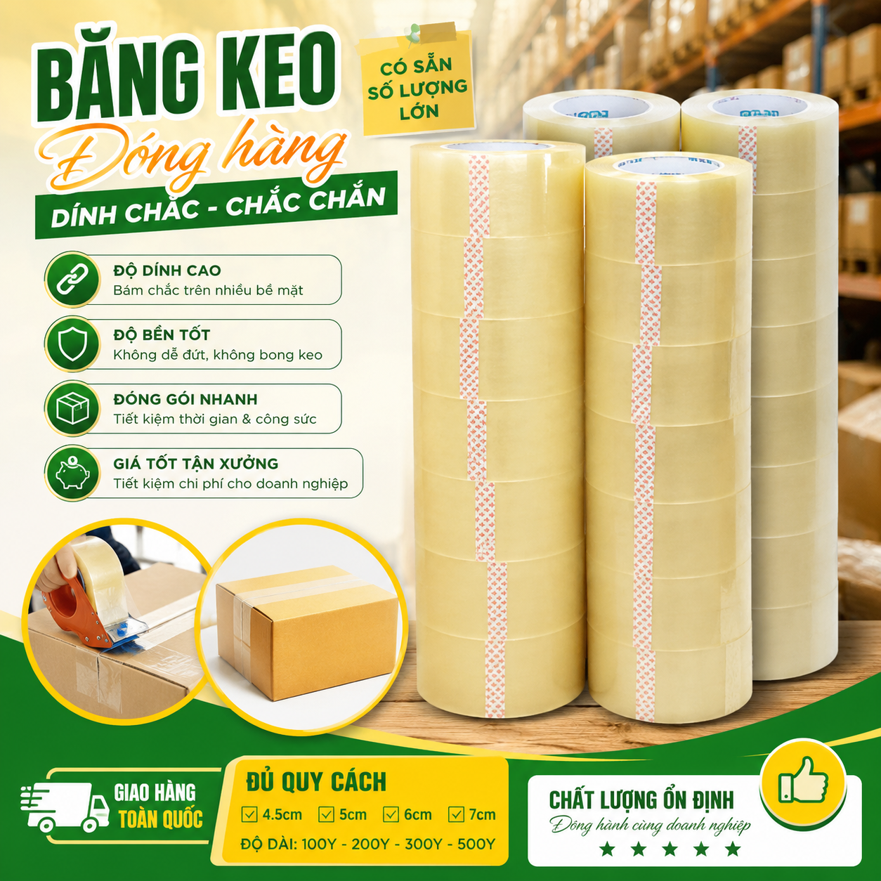 Băng Keo Cho Xưởng Sản Xuất – Đóng Gói Hàng Hóa Nhanh Chóng